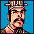 Pixel art portrait of a man with dark hair and mustache wearing a pinkish-red headband, set against solid blue background in 50x50 static icon format.
