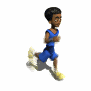 Animated character in blue athletic wear running with motion blur on feet and hands, four sequential poses showing forward movement.