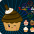 Pixelated cupcake character with brown frosting, white swirl, and chocolate stick, winking with pink cheeks on dark blue radial background.