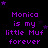 Purple pixelated text on black background with scattered purple stars, repeating 'Monica is my little Muf forever' in a pattern
