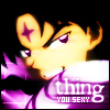 Anime-style character with yellow skin, purple eyes, and a purple star on their forehead, wearing a purple and white outfit with text reading 'thing YOU SEXY' on it.