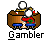 Pixel art icon of a person in red and green clothing seated at a brown table with blue chairs, holding white dice above the table.
