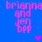 Blue background with pink pixelated text 'brianna and jen bff' repeated in four quadrants, each containing a small heart symbol.