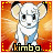 Pixelated cartoon animal with white fur and blue collar on orange-red gradient background, text "Kimbo" below.