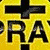 Yellow diamond-shaped sign with black cross and 'PRAY' text, surrounded by radiating lines on a white background.