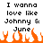 Pixelated text reads "I wanna love like Johnny & June" above orange flame shapes on white background.