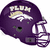 Purple football helmet with 'PLUM' text and horse logo, alongside grayscale horse logo and 'Go Little Mustangs' text on black background.