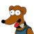 Brown cartoon dog with large white eyes, black nose, red tongue, and blue overalls, head turned left, static pixel art style.