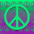 Green peace symbol on purple background with repeating smaller symbols, red heart next to 'I hugs.' text, rainbow stripes below.