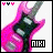 Pixelated pink electric guitar with dark green body and silver accents, two small icons above left corner, 'NIKI' text in black box at bottom right.