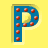 Animated contact sheet of a blue letter P icon with red dots and yellow circular elements moving across its surface on a yellow background.