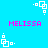 Pixelated blue background with pink text and white square icons in four positions.