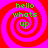 Four identical spiral patterns with red and pink concentric circles, each containing green text reading 'hello whats up' in a pixelated font.