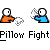 Animated contact sheet of 13 pillow fight frames showing two stick figures in orange and blue battling with white pillows on a gray background.