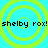 Cyan background with four yellow concentric circles arranged in a , each containing black pixelated text reading "shelby rox!"