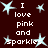 Dark red background with light blue star shapes and white text reading "I love pink and sparkle" arranged in a pattern