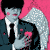 A 50x50 pixel animated contact sheet showing three sequential frames of a cartoon character in a suit with pink accents, set against a solid gray background.