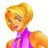 Pixelated static image of a cartoon character with short blonde hair and purple clothing against white background.