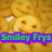 four identical pixelated smiley faces with yellow circular heads, brown hair, and white teeth against a textured background