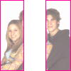A static image of two people in a yellow and blue patterned sweater, brown jacket, and white background with pink border.