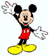 Mickey Mouse in red shorts and yellow shoes waves with one hand while the other rests on his hip, shown in two sequential poses.