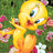 Yellow cartoon bird with blue eyes and red beak stands in green grassy field with pink flowers, next to large magenta flower.