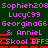 Animated pixel art displays repeated text strings in pink and red on a dark green background with horizontal red bars.