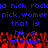 Pixelated text repeats 'nick rock', 'womer', 'that is', 'he is', and 'oxsome' over red pixel clusters on black background.