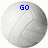 Two pixelated volleyball images side-by-side with blue text overlays reading 'GO' and 'VOLLEYBALL!'.