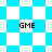 Pixelated blue and white checkered pattern with four instances of 'GME' text in black, arranged across two distinct background styles.