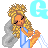 Pixel art contact sheet showing two frames of an animated buddy icon with a cartoon woman and large 'G' letters in blue and gray.