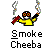 Pixelated character in yellow shirt with red and black arms, holding red object, emitting smoke from both hands, gray background, text below reads Smoke Cheeba.