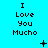 Pixelated text "I Love You Mucho" repeated across a cyan background with scattered small symbols and dots.