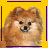 Pixelated dog face with brown fur and black eyes, framed by blue lines on a yellow background with red heart corners.