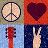 Four distinct pixelated icons arranged in a 2x2 grid: peace sign, heart shape, red vertical bar with black accents, and two figures holding hands against dark blue background.