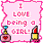 A 4-frame animated contact sheet of a pink-themed buddy icon featuring the text "I LOVE being a GIRL!" with cosmetic props, displayed on a gray background.