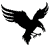 Black silhouette of a bird in flight with outstretched wings and visible claws, rendered in pixelated style on white background.