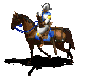 Pixelated animation of a rider on a brown horse, showing sequential movement from left to right across four of frames