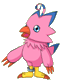 Pink bird-like creature with blue crest, orange beak, yellow feet; green-eyed purple-hatted character; both have small hooks on heads.