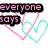 Six heart-shaped icons with overlapping pink and cyan outlines, each containing distinct text phrases in pixelated fonts.