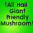 !All Hail Giant Friendly Mushroom! text on green background, four identical arranged in a with slight pixelation differences between top and bottom