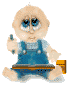 Pixelated baby figure in blue overalls sits on gray background, holding pen-like object, with visible mouth and eye expressions changing across frames.