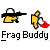 Animated contact sheet showing two identical pixel art buddy icons with a yellow stick figure holding a black rifle, each paired with an animated hand icon shooting red projectiles, alongside promotional text for 'badassbuddy.com' in black and red.