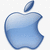 Three blue Apple logo icons with bite marks and leaves, arranged vertically on white background; one icon partially obscured by gray rectangle.
