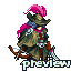 Pixel art character with pink hair and green armor holding a bow, standing against gray background with 'preview' text below.