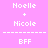 Pixelated text and symbols on a pink background with alternating light yellow sections, displaying names and 'BFF' in white.
