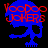 Blue silhouette of a figure with raised arms and feet on a black background, overlaid by red text reading "Voodoo Jokers" in pixelated font.