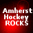 Red background with white text reading "Amherst Hockey ROCKS" in four , each showing slight variations in pixel alignment and brightness