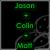 Green text on black background displays names and a phrase with pixelated green symbols.