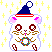 Two pixelated hamster characters wearing Santa hats and holding wreaths, surrounded by yellow plus signs on a gray background.